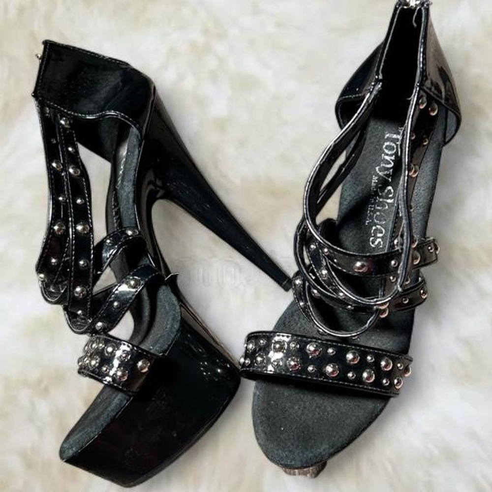 Tony Shoes Y2K Black Studded Platform Stiletto Heels Strappy Goth Size 6 9in